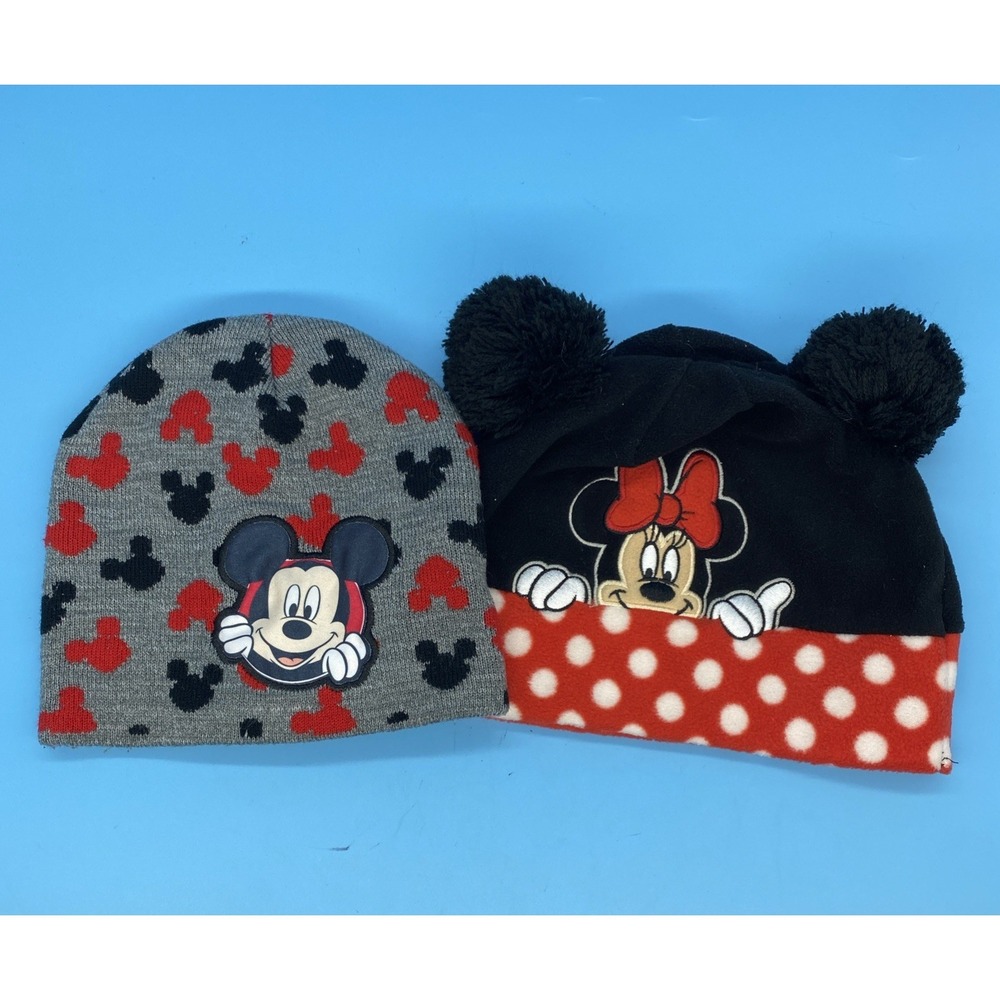 Lot of 2‎ Disney Mickey Mouse Beanie Hat & Minnie Mouse Beanie Hat Size Toddler